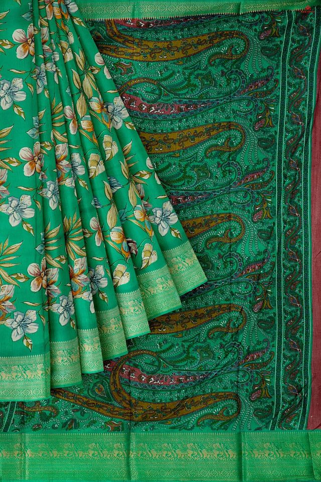 TEAL and MULTI FLORALS SILK Saree with FANCY