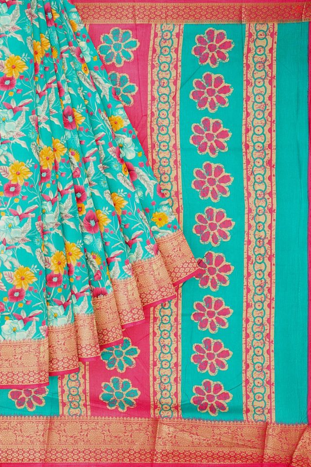 TEAL and PINK FLORALS SILK Saree with FANCY
