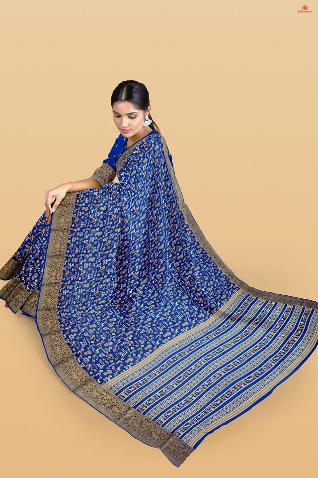 NAVY BLUE and MULTI FIGURE PRINTS SILK Saree with FANCY