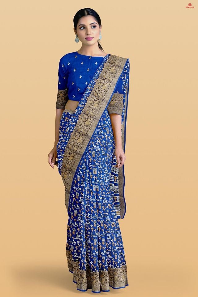 NAVY BLUE and MULTI FIGURE PRINTS SILK Saree with FANCY