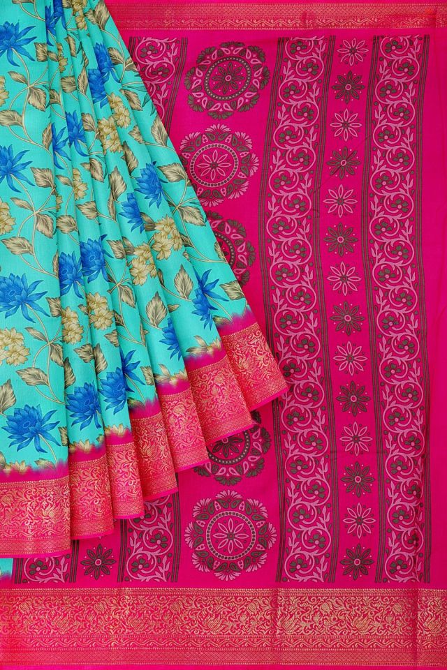 SEA GREEN and PINK FLORALS SILK Saree with FANCY