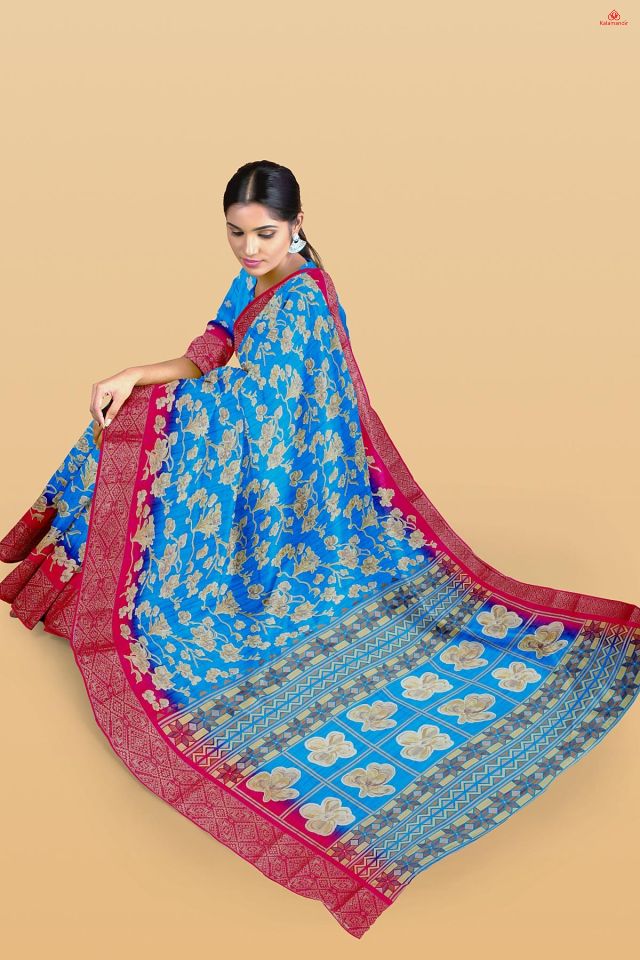 BLUE and PINK FLORALS SILK Saree with FANCY