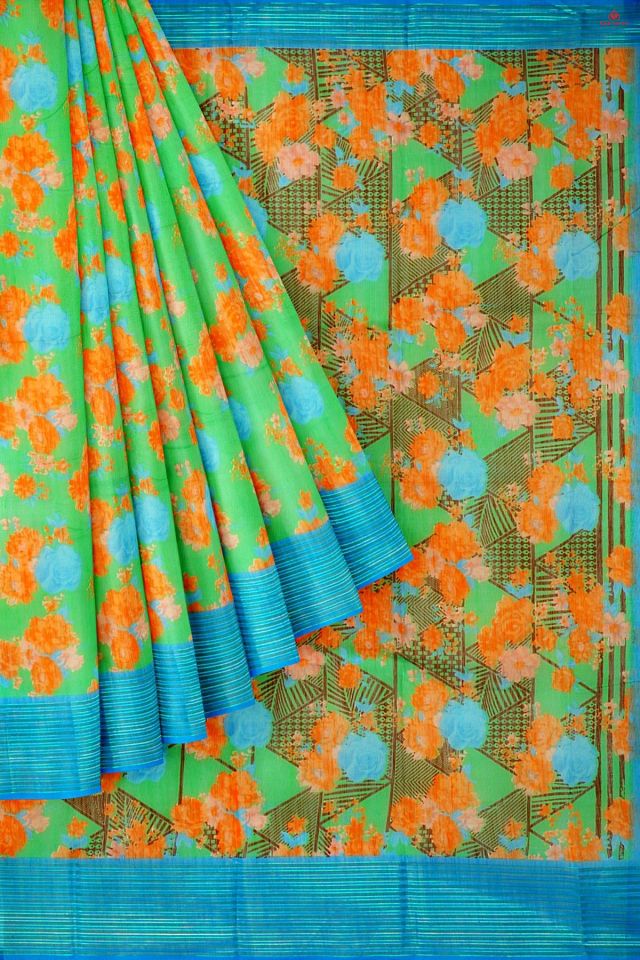 GREEN and BLUE FLORALS SILK BLEND Saree with FANCY