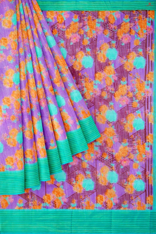 LAVENDER and SEA GREEN FLORALS SILK BLEND Saree with FANCY