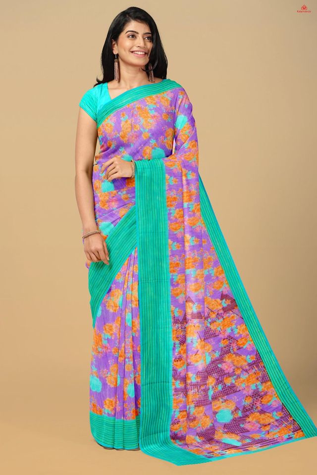 LAVENDER and SEA GREEN FLORALS SILK BLEND Saree with FANCY