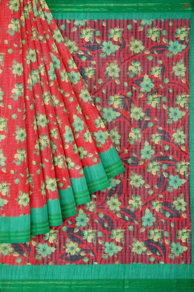 RED and GREEN FLORALS SILK BLEND Saree with FANCY