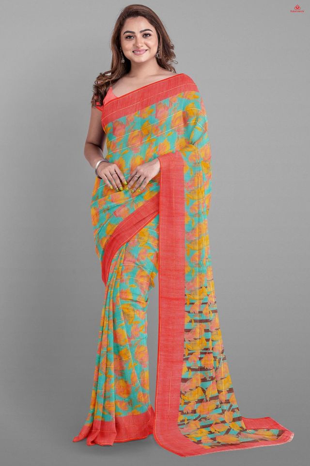 TEAL and CORAL FLORALS SILK BLEND Saree with FANCY
