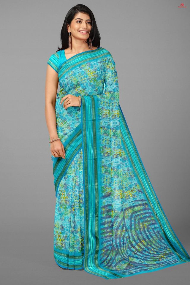BLUE and MULTI FLORALS SILK BLEND Saree with FANCY