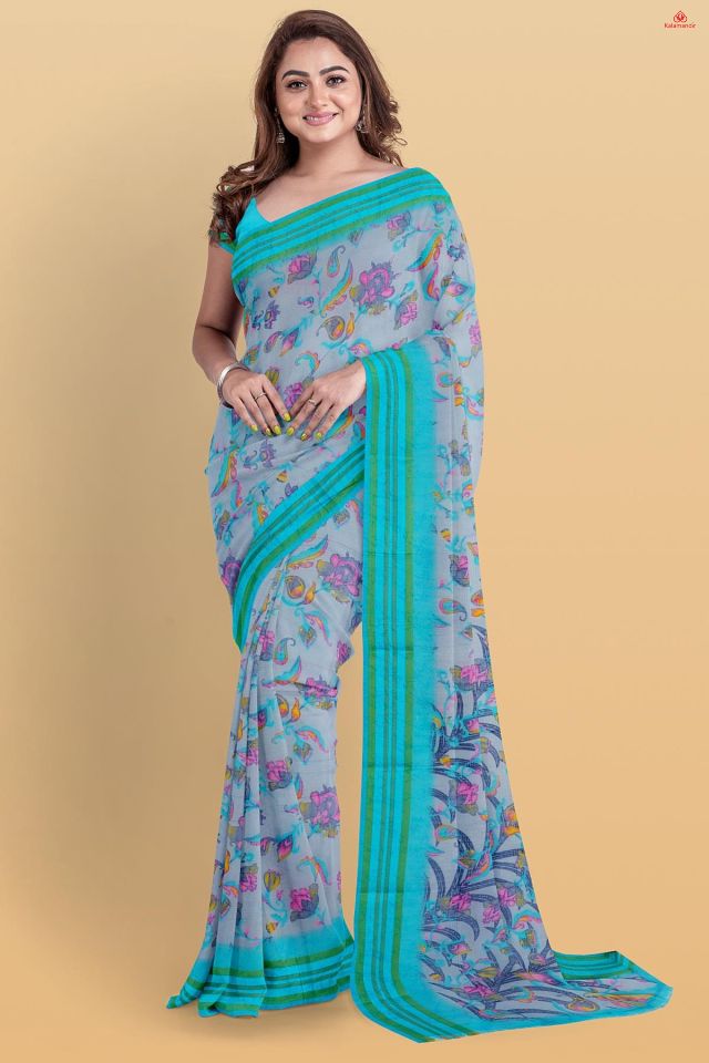 BLUE and MULTI FLORALS COTTON BLEND Saree with FANCY