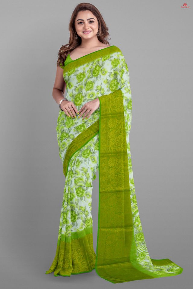 OFF WHITE and SEA GREEN FLORALS COTTON BLEND Saree with FANCY