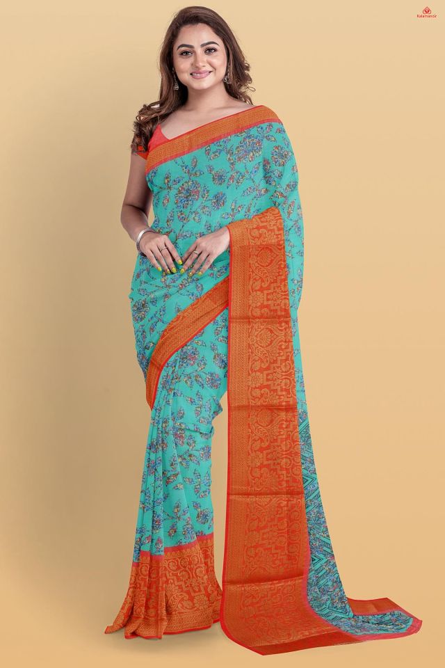 SEA GREEN and CORAL FLORALS SILK Saree with FANCY