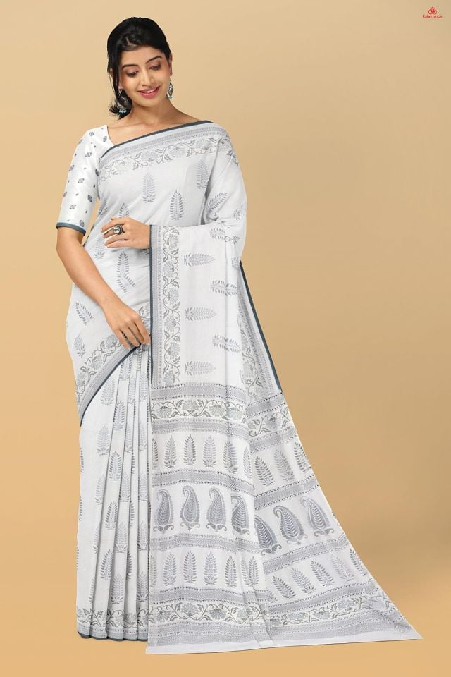 WHITE and GREY LEAF PRINT COTTON Saree with FANCY