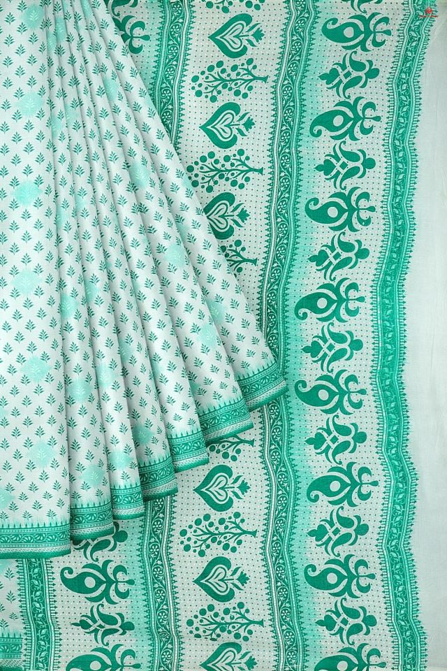 WHITE and GREEN FLORAL BUTTIS COTTON Saree with FANCY