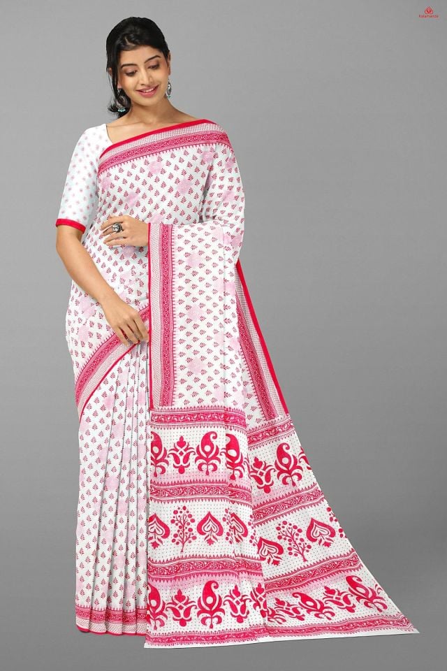 WHITE and DARK PINK FLORAL BUTTIS COTTON Saree with FANCY