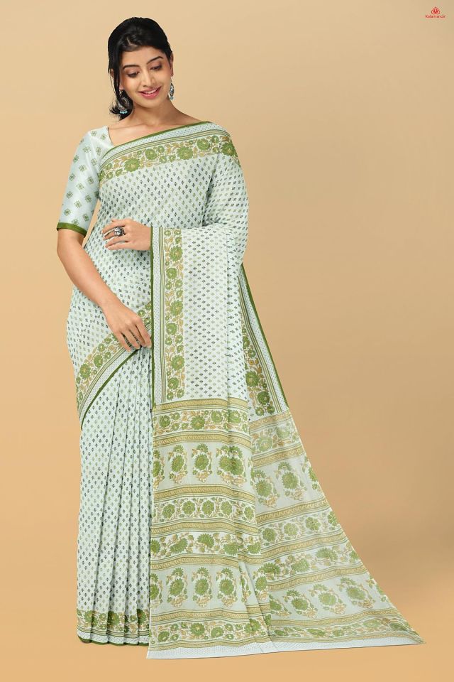 WHITE and OLIVE GREEN FLORAL BUTTIS COTTON Saree with FANCY