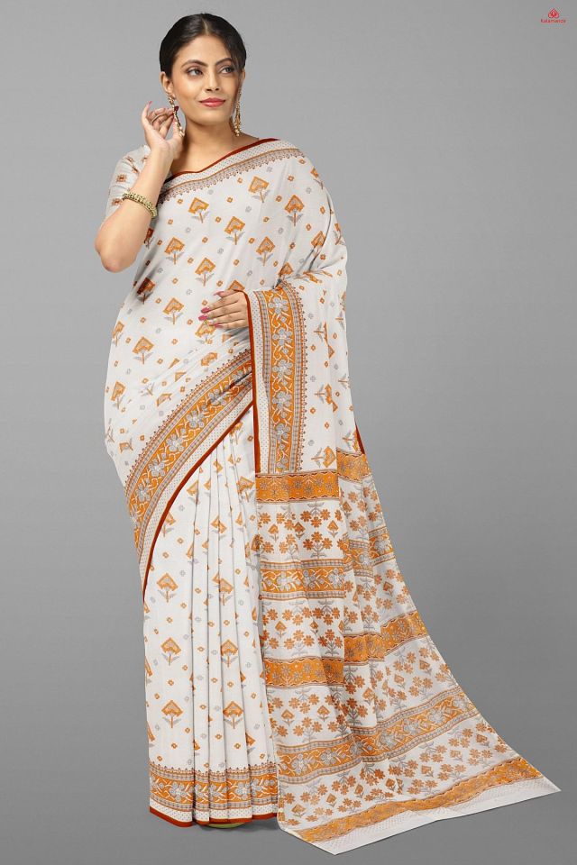 WHITE and BROWN BUTTIS COTTON Saree with FANCY