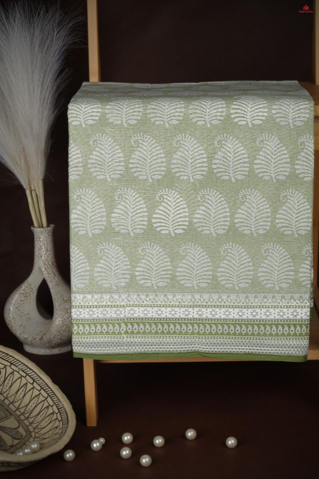WHITE and OLIVE GREEN LEAF PRINT COTTON Saree with FANCY
