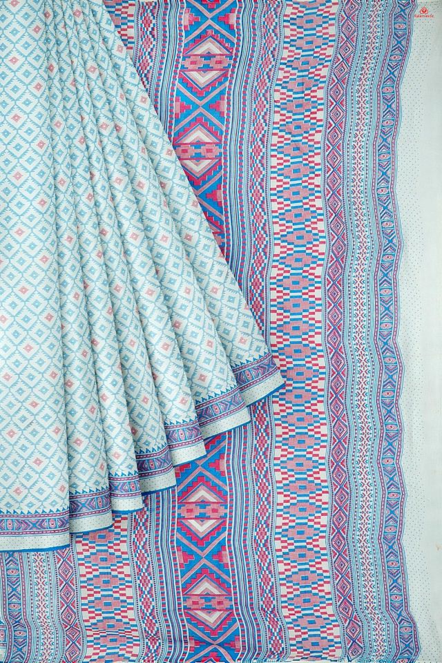 WHITE and DARK BLUE GEOMETRIC COTTON Saree with FANCY