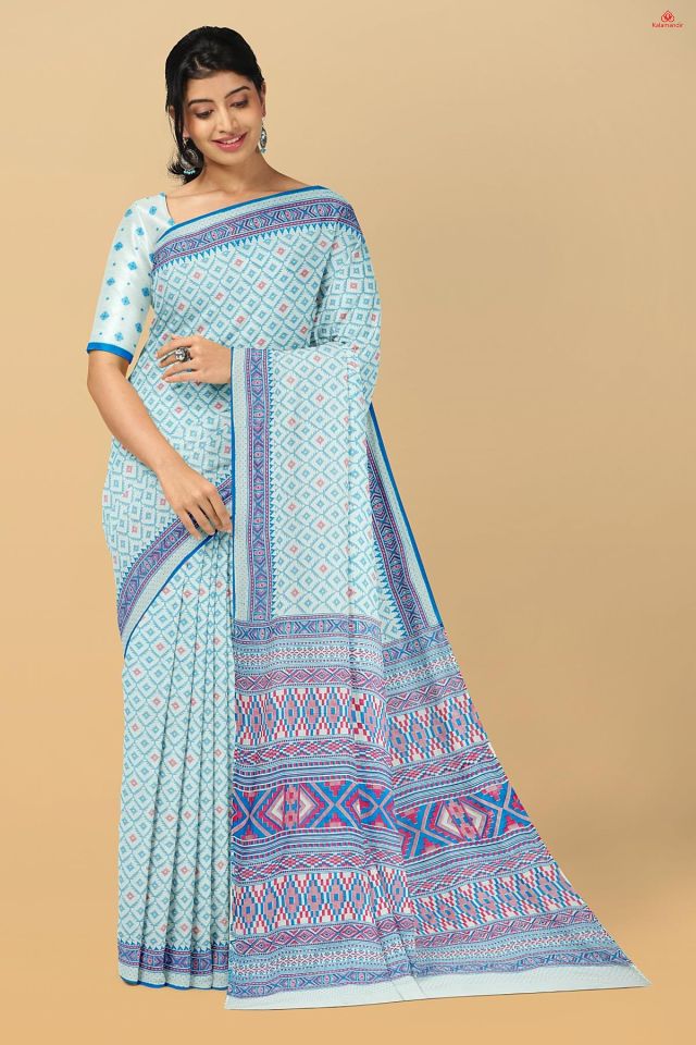 WHITE and DARK BLUE GEOMETRIC COTTON Saree with FANCY