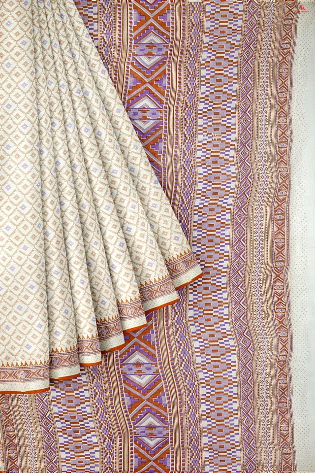WHITE and BROWN GEOMETRIC COTTON Saree with FANCY