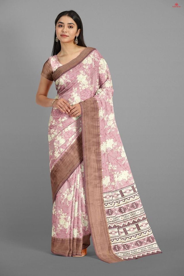 DUSTY PINK and CREAM FLORALS SILK Saree with FANCY