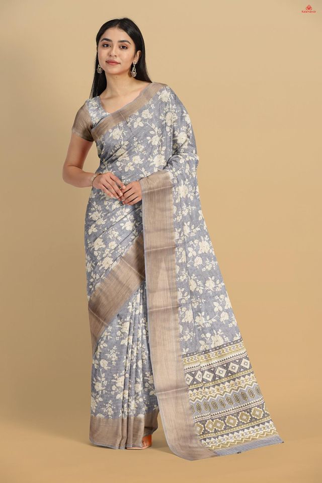 GREY and CREAM FLORALS SILK Saree with FANCY