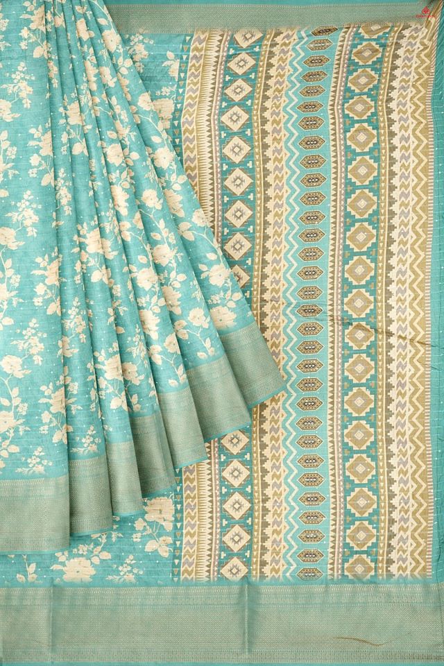 TURQUOISE and CREAM FLORALS SILK Saree with FANCY