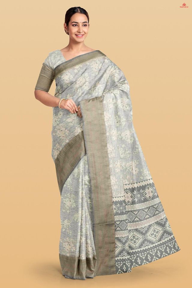 LIGHT GREY and CREAM FLORALS SILK Saree with FANCY
