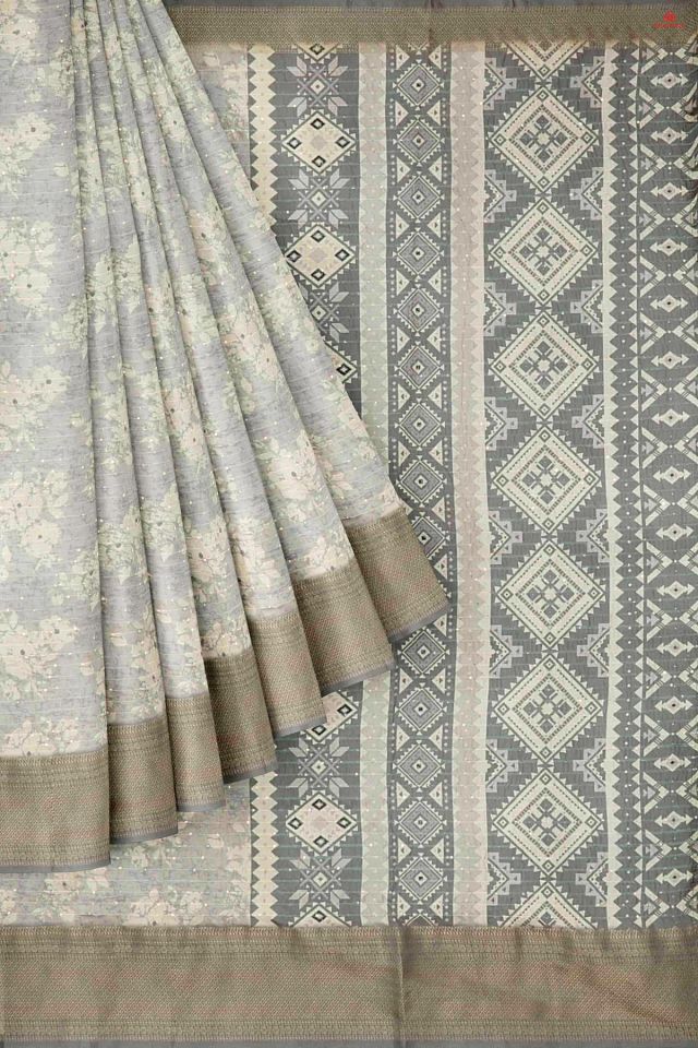 LIGHT GREY and CREAM FLORALS SILK Saree with FANCY