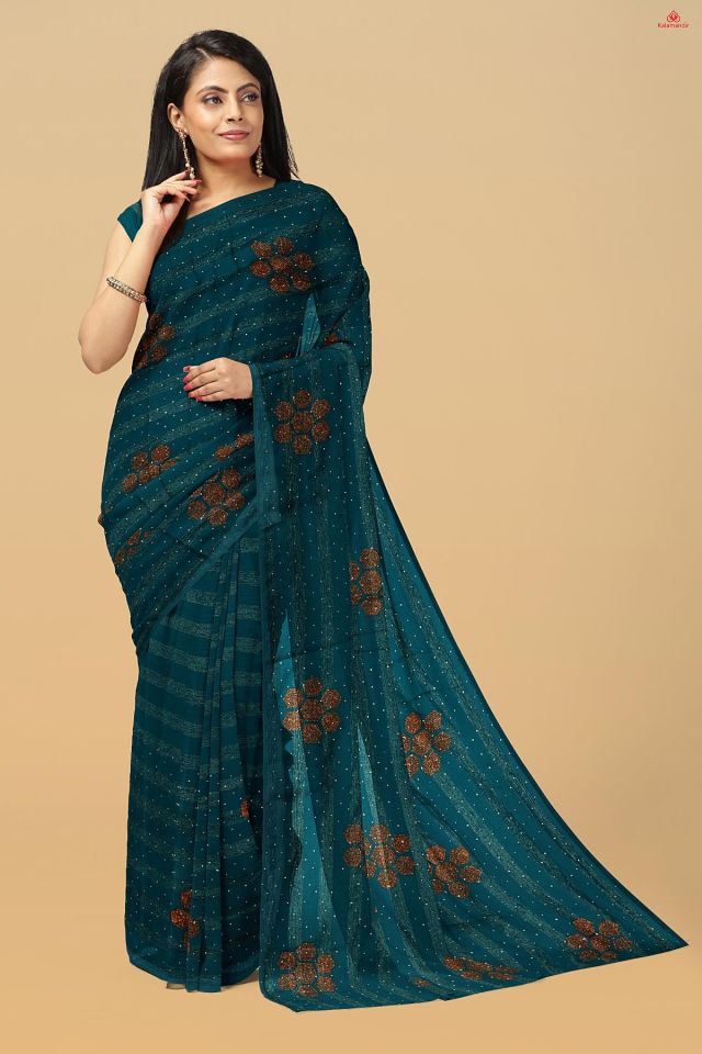 PEACOCK BLUE and COPPER STRIPES AND FLORALS CHIFFON Saree with FANCY
