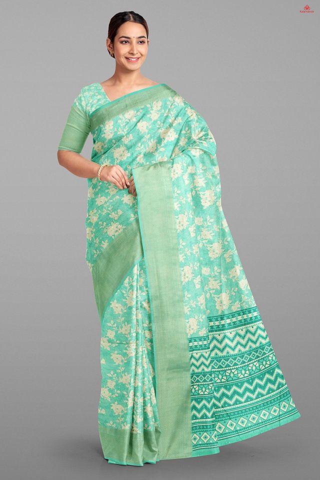SEA GREEN and CREAM FLORALS SILK Saree with FANCY