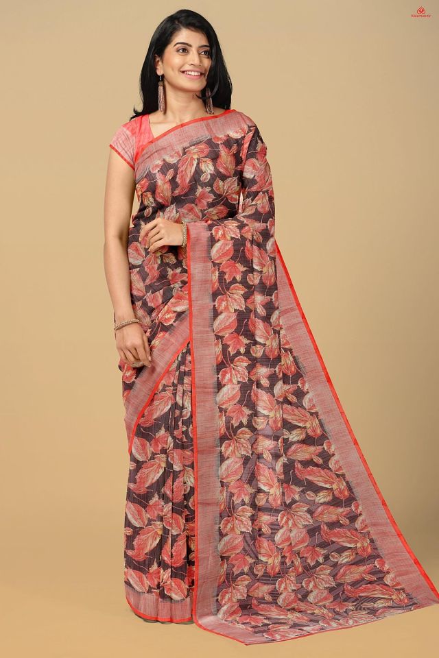 CORAL and BLACK LEAF PRINT LINEN Saree with FANCY