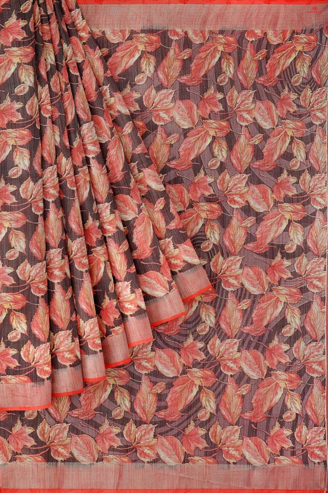 CORAL and BLACK LEAF PRINT LINEN Saree with FANCY
