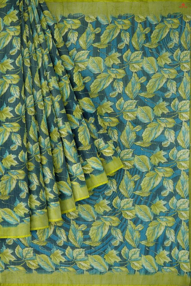 DARK GREEN and NAVY BLUE LEAF PRINT LINEN Saree with FANCY