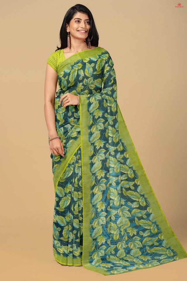 DARK GREEN and NAVY BLUE LEAF PRINT LINEN Saree with FANCY