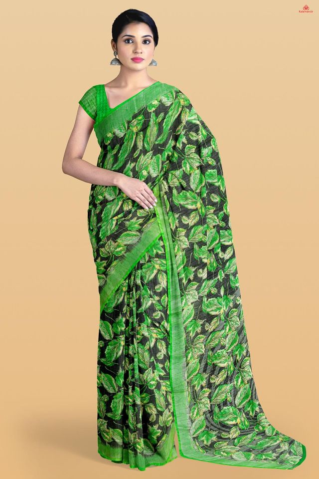 GREEN and BLACK LEAF PRINT LINEN Saree with FANCY