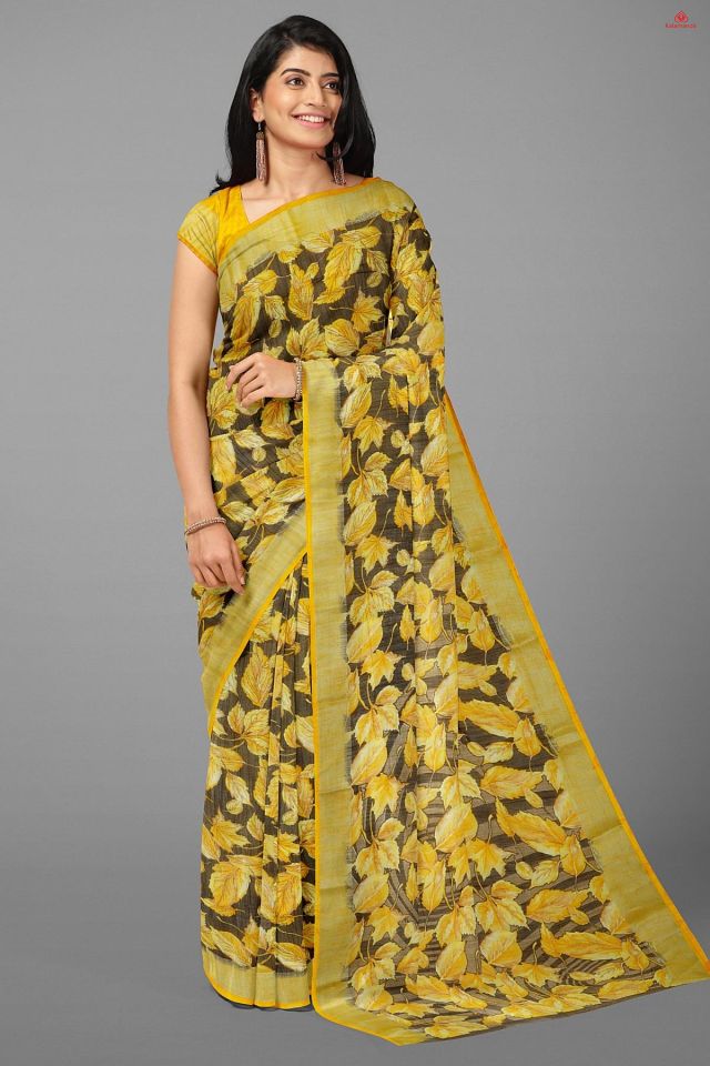 YELLOW and DARK BROWN LEAF PRINT LINEN Saree with FANCY