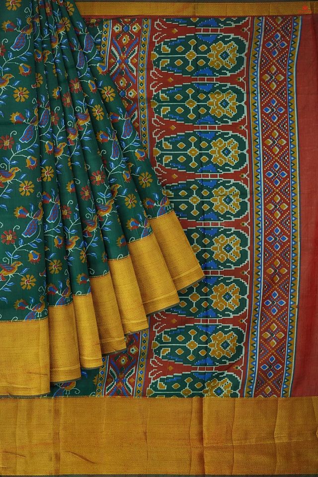 DARK GREEN and MULTI FLORAL JAAL SILK Saree with IKAT