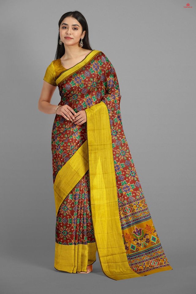 MAROON and GOLD FLORALS SILK Saree with IKAT