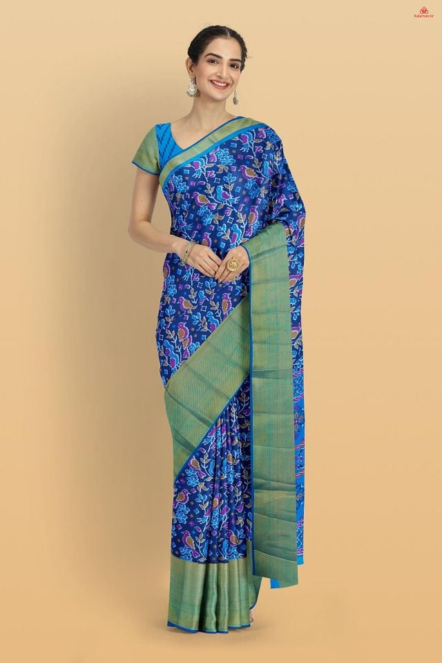 NAVY BLUE and PEACOCK BLUE FLORAL JAAL SILK Saree with IKAT