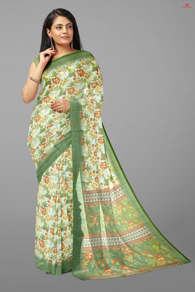 CREAM and OLIVE GREEN FLORALS LINEN Saree with FANCY