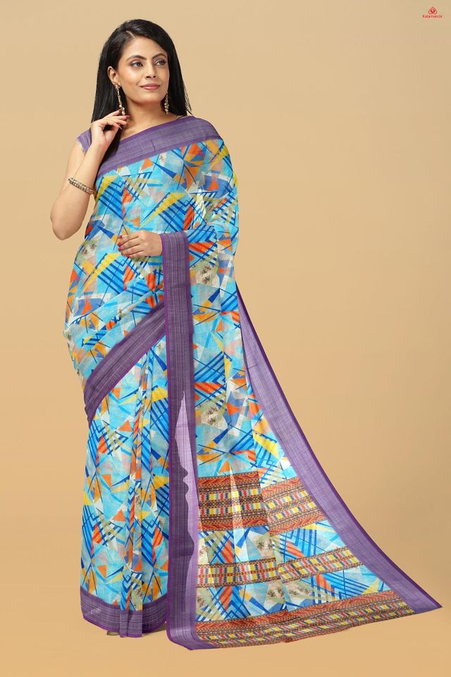 BLUE and MULTI ABSTRACT LINEN Saree with FANCY
