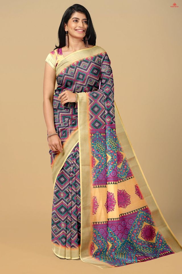 MULTI and PURPLE GEOMETRIC LINEN Saree with FANCY