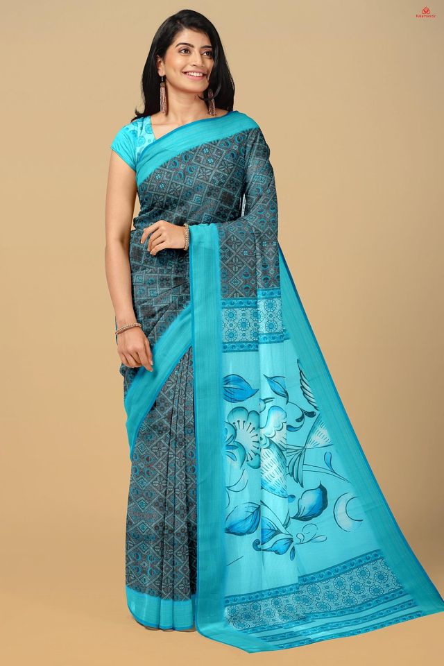 MULTI and SKY BLUE AJRAKH LINEN Saree with FANCY
