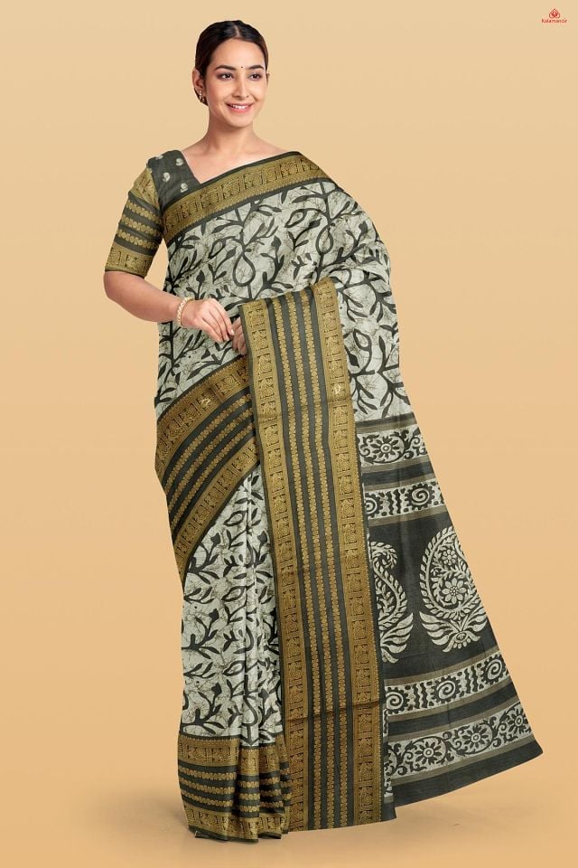 LIGHT GREY and BLACK JAAL SILK Saree with FANCY