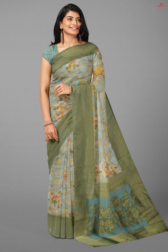 LIGHT SEA GREEN and OLIVE GREEN FLORAL JAAL SILK Saree with BANARASI FANCY