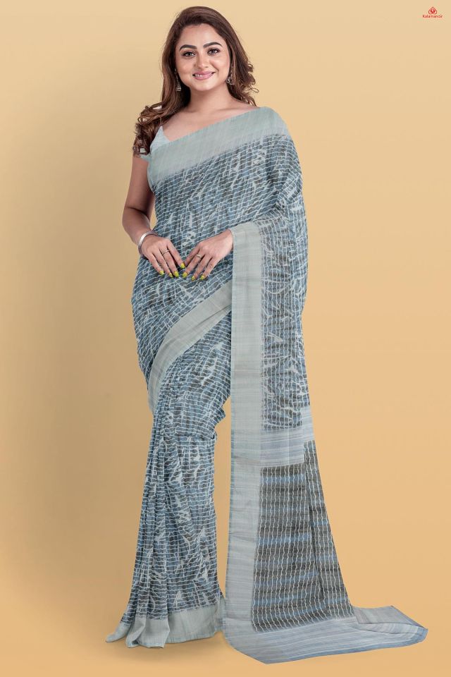 SLATE GREY and SILVER DIGITAL PRINT LINEN Saree with FANCY