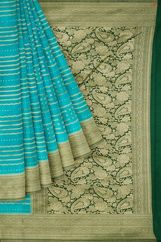 TEAL and DARK GREEN STRIPES SILK Saree with FANCY