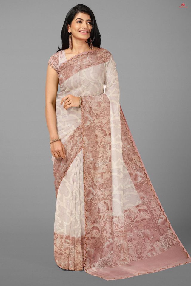 LITE PEACH and PEACH FLORAL JAAL SILK Saree with FANCY