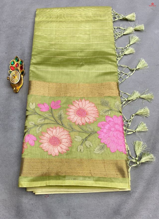 OLIVE and MULTI LINES SILK Saree with FANCY
